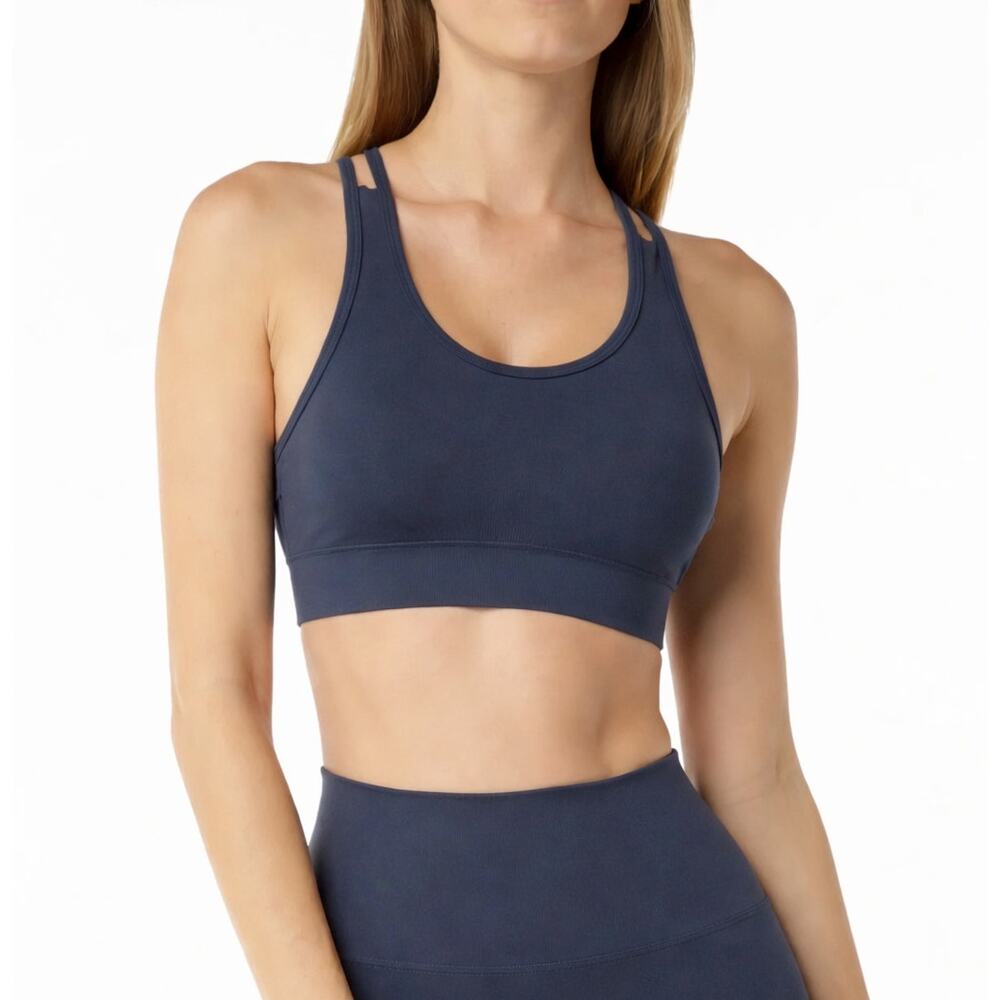 Alphalete Revival Sports Bra Criss Cross Strappy Back Seamless Navy Whale Blue